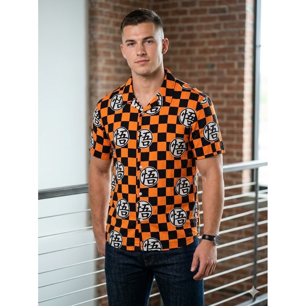 Dragon Ball Super Goku Kanji Checkered Rayon Button Down Shirt Mens Large Orange